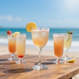 5 5 mm photo of best cocktail on a wooden table with beach waves and blue sunny skies in the background. dof. bokeh. magical atmosphere. highly detailed 8 k. intricate. lifelike. soft light. nikon d 8 5 0.
