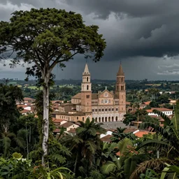 the town of siena in the midst of the amazon forest. italian architecture, huge tropical trees, dark, atmospheric, stormy weather, gustave dore 1 8 6 5