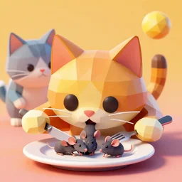 3 d low poly cat eating a plate of mice with knife and fork, vibrant, 3 d render, trending in artstation, digital art