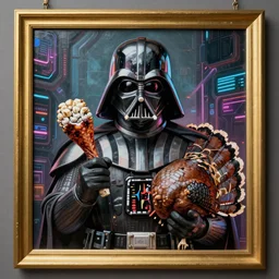 gold bordered mural of a futuristic darth vader holding a turkey leg, hyper realistic, cyberpunk, nightcore, 4 k, highly detailed, beautifully rendered