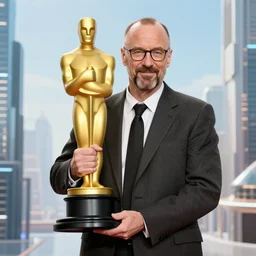 a photo of saul goodman holding an oscar at a futuristic city landscape