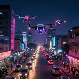3 d vfx art of flying drones above - a neon lit - bustling lagos urban street - in nigeria, cinestill 8 0 0 t photograph, illustration in the style by philippe bouchet, unreal engine render, digital illustration,