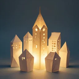an illuminated city made of origami paper glowing