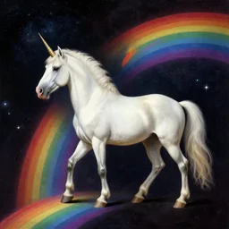 a lonely unicorn walking on a rainbow in the universe in the style of Caravaggio, digital art, high quality, highly detailed, high coherence, anatomically correct, Caravaggio, concept art, marterpiece