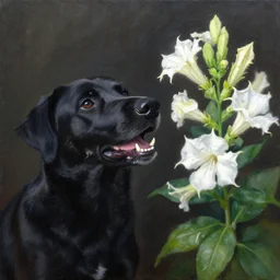 oil painting of a black dog bearing its fangs next to white brugmansia suavolens flowers, with a dark background