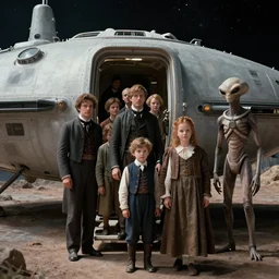 35mm still from a sci fi blockbuster movie made in 2022, set in 1860, of a family leaving a spaceship, that has just landed on an alien planet, a humanoid alien stands nearby, the family are wearing 1850s era clothes, cinematic lighting, 4k, in focus faces, good quality lighting, good quality photography, oscar winner