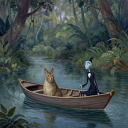 rare animal in a boat floating on a river in the jungle. digital drawing, ultra detailed, cool color palette, muted colors, wes anderson, ( claude monet ), grickle, tim burton, tomm moore