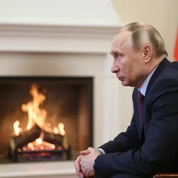 vladimir putin looking at a log fire photograph, nikon lighting effect dof