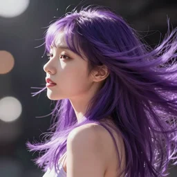 woman with flowing long purple realistic hair like from a shampoo commercial side profile with hair flip, tzuyu from twice, canera facing the left side in the style of wlop, artgerm, yasutomo oka, yuumei, rendered in redshift octane, digital art dynamic dramatic lighting, bokeh, imagine fx, artstation, cgsociety, zbrush central,