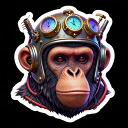 sticker art of a realistic ape head with a steampunk space helmet with multicolored glowing pocketwatches and gears and tubes and cables, crisp, trippy, fluorescent colors, insanely detailed, 3 d render, front shot, 3 5 mm