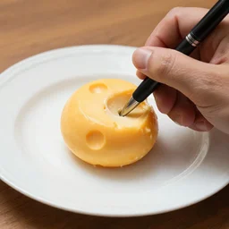 apple pen eating a chesse ball]