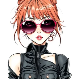 a copic maker manga illustration by yoshiyuki sadamoto and lois van baarle and alphonse mucha of an anime girl highly detailed eyes detailed face wearing wearing a cutout bodysuit w / oversized sunglasses lots of zippers, pockets, synthetic materials, by issey miyake and balenciaga 8 k