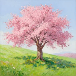 a beautiful painting of a tree with pink flowers on a green hill by greg rutkowski and thomas kinkade, trending on artstation