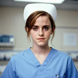 emma watson, nurse scrubs, hospital, portrait, close up, award winning, kodak ektachrome expired blue tint,