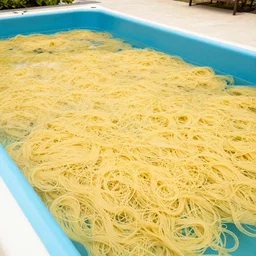 swimming pool filled with spaghetti