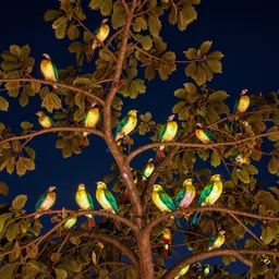 highly detailed realistic photo of birds glowing on tree at night, vibrant colors, award winning masterpiece photography, hyper realistic, concept art, 8 k detail post - processing