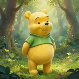 winnie the pooh statue in the forest, smooth, stone, ethereal, vibrant, fantasy, elegant, greenery, fog, golden hour, digital painting, masterpiece, trending on artstation