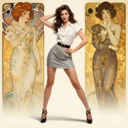 fashion girl, hyperrealistic, action pose, digital painting | trending on artstation, pinup portrait, clean, illustration, dressed, single girl, centered, unreal engine 5, 8 k, by greg rutkowski, alphonse mucha, gustav klimt and mel ramos