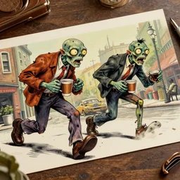 zombie chasing coffee, by mcbess, full colour print, vintage colours 1 9 5 0 s, high detail