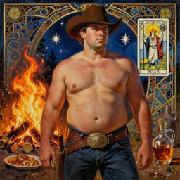 a dramatic, epic, ethereal painting of a handsome thicc shirtless cowboy with a beer belly wearing a large belt | background is a late night campfire with food and jugs of whisky | homoerotic | fire, flames, stars, tarot card, art deco, art nouveau, mosaic, intricate | by Mark Maggiori | trending on artstation