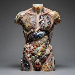 intricate carved sculpture of a male torso split open, internal organs made out of gemstones geodes chalcedony, multicolored starglow, warm cinematic lighting, wide angle camera, cool grey background,