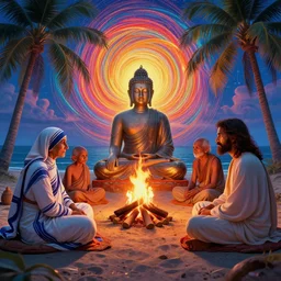 buddha, mother theresa, gandhi and jesus sitting in a circle around a campfire at the beach with palm trees in the back, gloom haven, matte painting concept art, art nouveau, beautifully backlit, swirly vibrant color lines, fantastically gaudy, aesthetic octane render, 8 k hd resolution, hyper realistic, focused, extreme details, masterpiece