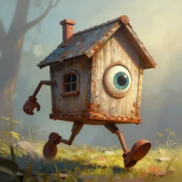 a running wood and metal house with two legs and one big eye, rust, hyperrealistic, highly detailed, cinematic, single ray of sun, morning, pareidolia, gravity falls style, disney, beautiful, cgssociety, artstation, 8 k, oil painting, digital art