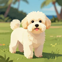 a cream colored havanese dog in hawaii portrait film grain 1 9 6 0 s - 7 0 s art low poly character painterly design