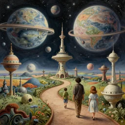 a whimsical masterpiece matte painting of a winding path into outer space sci - fi dream worlds, surreal planets designed by heironymous bosch, space megastructures inspired by heironymous bosch, vast surreal landscapes and horizon by asher durand and cyril rolando and natalie shau and cyril rolando and andrew ferez, insanely detailed, highly intricate, elegant, masterpiece composition, texture