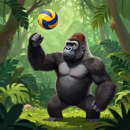 a gorilla playing volleyball in a jungle, digital art, in the style of greg rutkowski