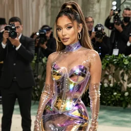 sexy  young Ariana Grande wearing  viery tight Translucent metallic mirror chrome purple and gold latex  crazy outfit Met Gala photoshoot