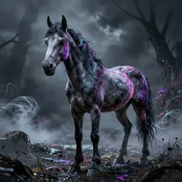wispy ink horror, neochrome colors, zombie horse, realistic render, photo pic by matte painting