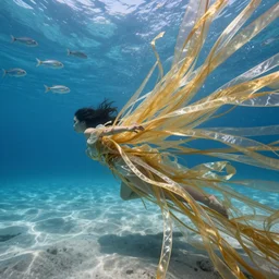 a woman's body is pulled apart into thousands of thin ribbons of translucent gold and silver fabric in a vast underwater landscape, school of silver fish in the distance, swift underwater current, blue water, sandy seafloor, caustics lighting from above, highly detailed, fantasy