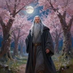 a beautiful painting of gandalf in a cherry blossom forest, volumetric lighting, moonlit by greg rutkowski and kalin popov, trending on artstation, masterpiece,