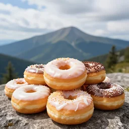 photo of a mountain of delicious donuts, outdoor on a partly cloudy day