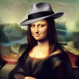 monalisa with cosmetics!!!!!!!!!! and makeup!!!!!!!!!!, wearing a fedora!!!!!!!!!! in the year 2022