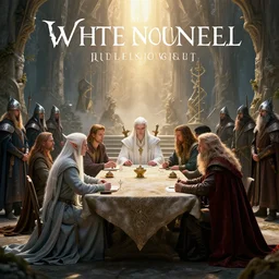 white council in rivendel with one representative of the elfs, magicians, humans, dwarves and hobbits around a table and elven foot soldiers escorting them, epic masterpiece of cinematographic hyperrealism, realistic shaded lighting poster by craig mallismo, artgerm, jeremy lipkin and michael garmash, unreal engine, radiant light, detailed and intricate environment, digital art, art station trends
