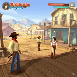 screenshot of gameplay dating simulator game set in 1 8 7 9, interior of old west saloon, featuring african american and japanese cowboys and cowgirls in ghost town with buildings painted bright pastel colors, morning light with mountains in the background