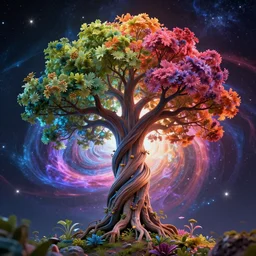 the tree of life and the tree of knowledge twisting around each other : : growing through the universe, cosmic scale, vibrant color, octane render, unreal 3 d, raytracing, volumetric light, 8 k