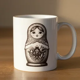 a white coffee mug with a image of ( ( ( a russian nesting doll, pen sketch, line art ) ) ) on the side, high definition photography, studio lighting, professional, detailed, golden hour
