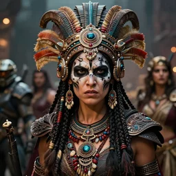 photorealistic headshot of beautiful female ornate fantasy viking indian tribal aztec warrior goddess, angry, black skull warpaint, Neil Blevins, James Paick, Natasha Tan Maciej Kuciara, Frank frazetta, arney freytag, Ritu Kumar, Sabyasachi Mukherjee, Magic the gathering, World of Warcraft, Dungeons and dragons, Mass effect, halo, elder scrolls,octane, bokeh, 8k, fashion pose, cinematic, 28mm