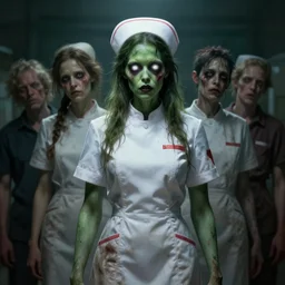 cinematic shot epic portrait an zombie nurse in a white short sleeves uniform, green skin, glowing white eyes, long hair, dirty clothes, broad light, ambient occlusion, volumetric light effect, made by ivan aivazovsky, peter mohrbacher, greg rutkowski, matte painting, trending on artstation, 4 k, perfectly defined features, digital painting, cinematic, epic, highly detailed,