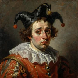 painting of sad jester, oil painting by jan matejko, 1 9 th century, art, oil on canvas, wet - on - wet technique, baroque, realistic, intricate detail, expressive emotions, intricate textures, illusionistic detail, 4 k