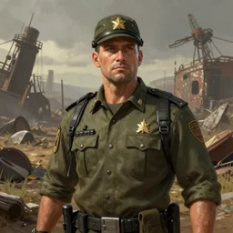 A comic book style portrait painting of a   ranger soldier sheriff  in a post apocalyptic setting, unreal 5, DAZ, hyperrealistic, octane render, RPG portrait, dynamic lighting