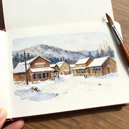 small miniature art on watercolor paper, paint brush strokes, abstract watercolor painting of western town, snowy weather, winter, american frontier, midday sharp light, dust, cinematic light, american romanticism by hans dahl, by jesper ejsing, by anders zorn, by greg rutkowski, by greg manchess, by tyler edlin