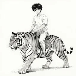 a human man riding on a tiger in anime style, detailed pen drawing