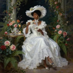 4K oil painting, fantasy, glow, shimmer, beautiful black victorian woman in a long white frilly lace dress and a large white hat, cow hoof feet, having tea in a sunroom filled with flowers, roses and lush fern flowers ,intricate, night, highly detailed, shows a leg,dramatic lighting