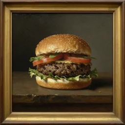 hamburger in still life in frame. dutch masters, 1 8 th century. oil on canvas. juicy, fresh, delicious, mouth - watering