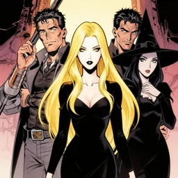 rafael albuquerque comic art, peter mohrbacher, steve niles, artgerm, pretty mary elizabeth winstead witch, black dress, symmetrical eyes, long blonde hair