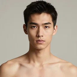 professional stunning beautiful head shot photograph of an masculine androgynous fashion model, minimal, posed, beautiful, studio, studio lighting, flat neutral tone, sharp focus, 8 k, very fine detail, fashion magazine